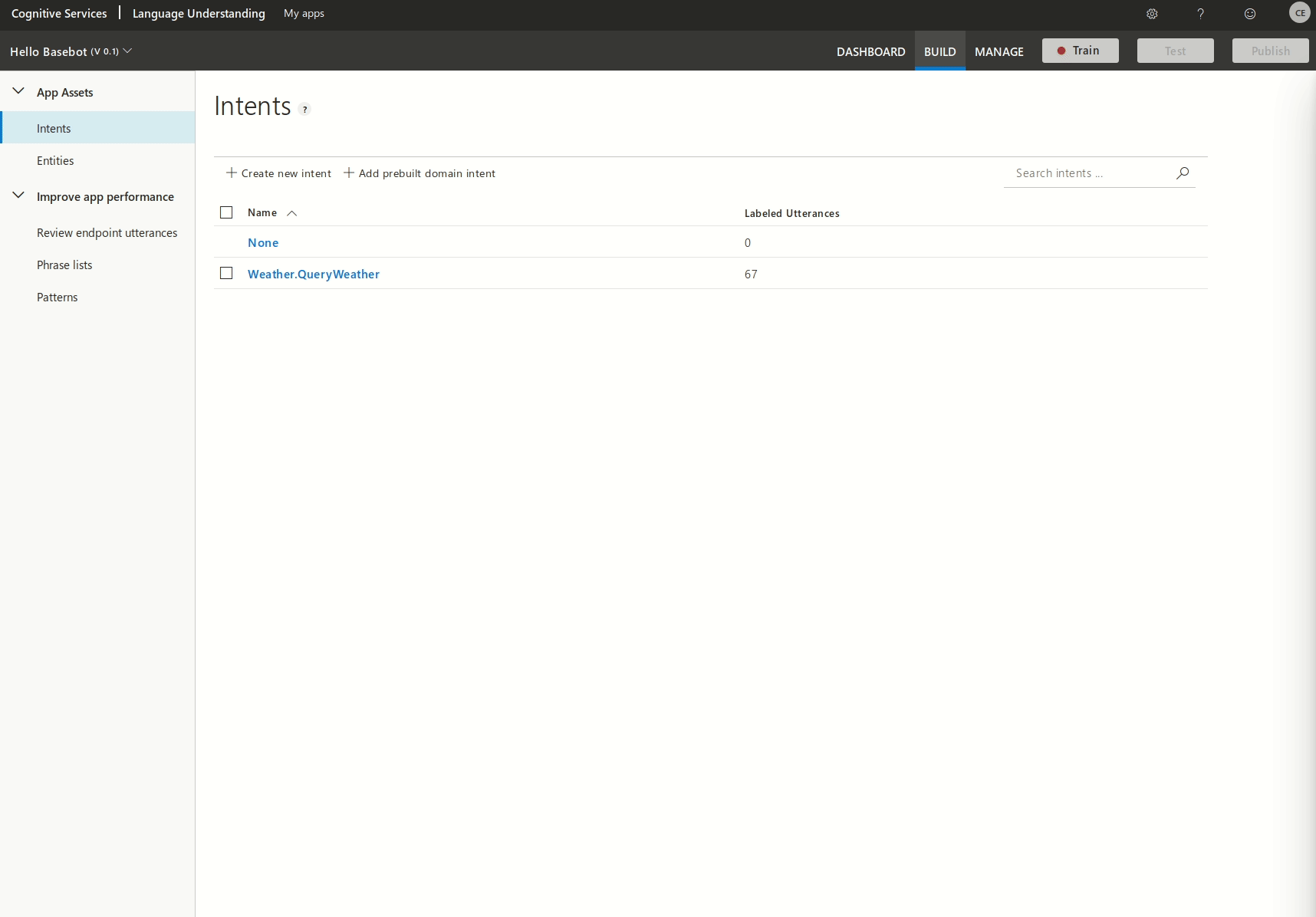 Training and publishing LUIS intents
